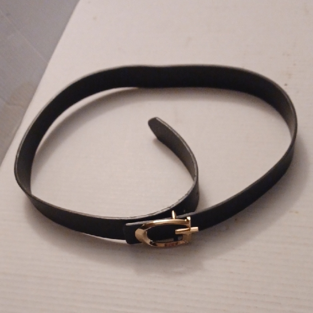 4/$40 Elegant Black Leather-Like Belt with Gold Buckle